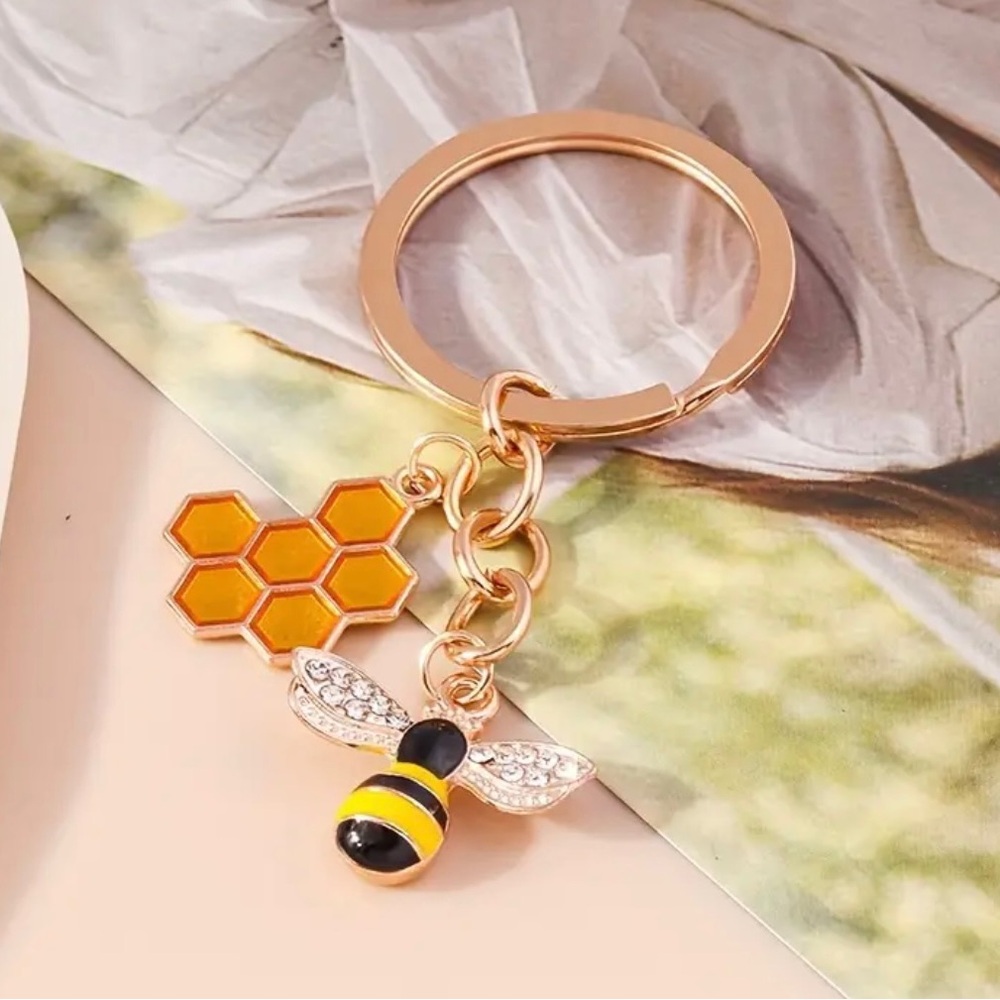 Bee and Honeycomb Keychain, Goldtone